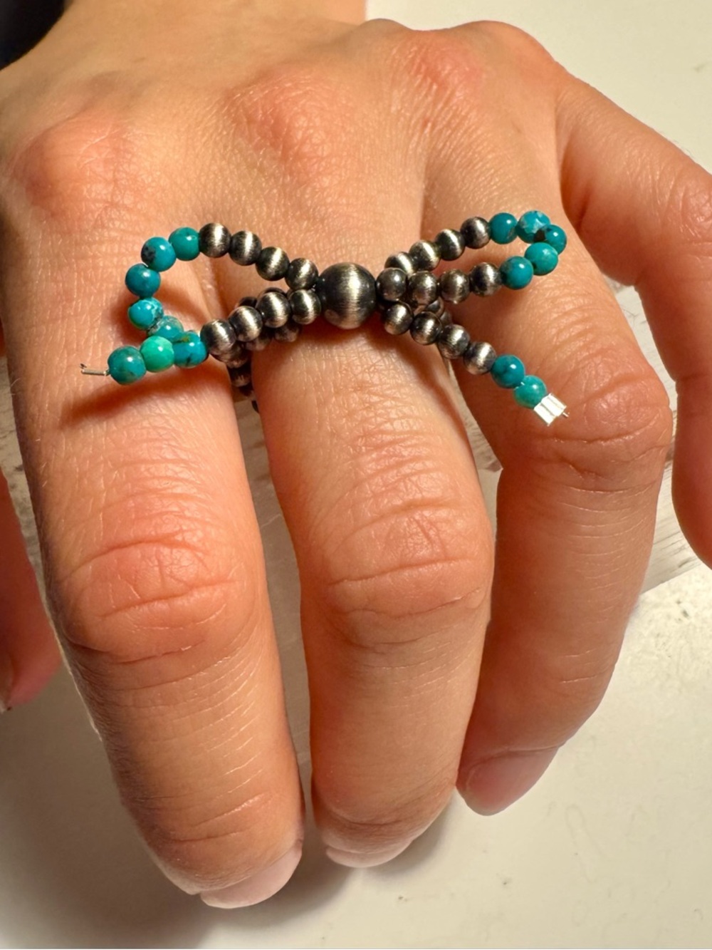 Sterling Silver Turquoise Beaded Bow Stretchy Ring - Southwestern Style